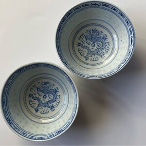 Tienshan Rice Flower Bowls Eyes Dragon Blue White Set Of 2 China Blossoms 4.2”